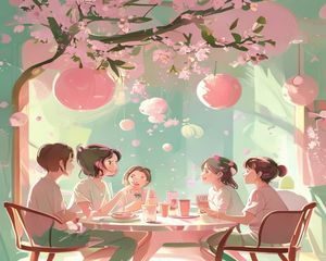 樱空桃与粉丝互动场景插图，明亮温馨的粉绿配色，展现角色亲和力与人气