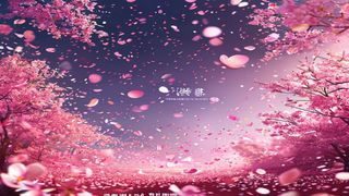 樱空桃周年特辑宣传图，节日氛围浓厚，粉樱花瓣飘落，庆典场景温馨热闹