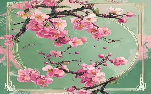 樱空桃官方主视觉作品封面，精美插画风格，粉樱与青绿撞色构图，细节精致华丽