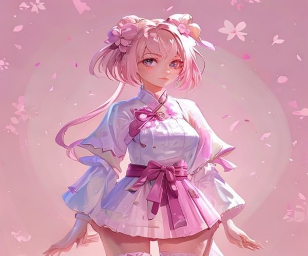 樱空桃角色全身立绘，粉樱色调背景下少女身着和风服饰，神情温柔而坚定，光线柔和细腻